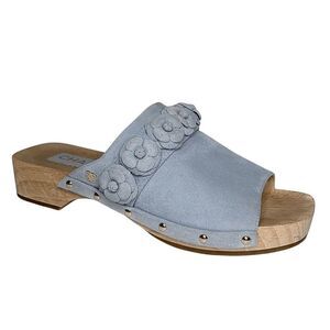 Chanel 22P CC Studded Camellia Clog Sandal Light Blue Suede EU 40 US 9-9.5 Mules